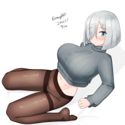 Rule 34 | 1girl, absurdres, black pantyhose, blue eyes, breasts, dated, grey hair, grey sweater, hair ornament, hair over one eye, hairclip, hamakaze (kancolle), highres, kantai collection, large breasts, looking at viewer, maru (marg0613), one-hour drawing challenge, pantyhose, ribbed sweater, short hair, simple background, solo, sweater, thighband pantyhose, twitter username, white background