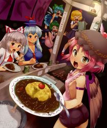 Rule 34 | 6+girls, :d, animal ears, antennae, apron, ascot, ass, bare arms, bare shoulders, bird wings, blonde hair, blue dress, blue eyes, blue hair, bow, breasts, carrying, character name, cirno, cleavage, closed eyes, cooking, cup, curry, curry rice, d.koutya, d:, d:&lt;, darkness, dress, dress shirt, food, food stand, from side, frying pan, fujiwara no mokou, green eyes, green hair, hair bow, hat, highres, holding, holding plate, holding spoon, ice, ice wings, kamishirasawa keine, lamp, long hair, looking at viewer, multiple girls, mystia lorelei, naked apron, night, open mouth, perspective, pink hair, plate, red eyes, ribbon, rice, rumia, shamoji, sharp teeth, shirt, short hair, short shorts, short sleeves, shorts, sideboob, silver hair, skirt, skirt set, small breasts, smile, spoon, suspenders, sweat, team 9 (touhou), teeth, tomato, tongue, tongue out, touhou, v-shaped eyebrows, vest, wings, wriggle nightbug, yatai, yellow eyes