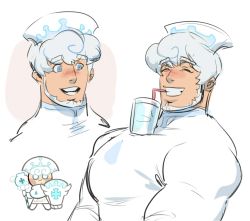 Rule 34 | 1boy, alternate facial hair, bara, beard, blue eyes, blush, bubble tea challenge, collage, cookie run, cup, disposable cup, drink, facial hair, large pectorals, male focus, mature male, meme, milk cookie, muscular, muscular male, nose blush, object on pectorals, pectorals, personification, short hair, sketch, thick eyebrows, upper body, white hair, wkokbu