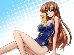 Rule 34 | 1girl, breasts, brown hair, cleavage, code geass, green eyes, highres, large breasts, long hair, long legs, one-piece swimsuit, school swimsuit, shirley fenette, solo, swimsuit, wan89