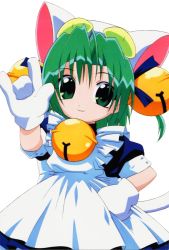 Rule 34 | 1girl, \m/, animal ears, animal hat, bell, cat ears, cat hat, cat tail, dejiko, di gi charat, gloves, green eyes, green hair, hair bell, hair ornament, hand on own hip, hat, jingle bell, looking at viewer, maid, matching hair/eyes, short hair, simple background, smile, solo, tail, white background, white gloves