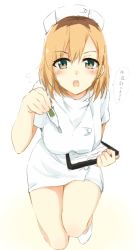 Rule 34 | 1girl, blonde hair, brown hair, digital thermometer, dress, green eyes, hat, high heels, holding, holding thermometer, looking at viewer, miyamori aoi, multicolored hair, nurse, nurse cap, on one knee, open mouth, pumps, roots (hair), shirobako, short dress, short hair, short sleeves, simple background, sketch, solo, speech bubble, tahita1874, thermometer, two-tone hair, white background, white dress, white footwear