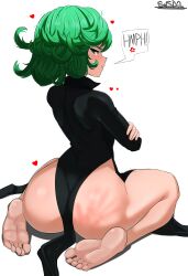 Rule 34 | 1girl, :i, absurdres, anger vein, artist name, ass, barefoot, black dress, commentary, curly hair, curvy, dress, english commentary, eyelashes, feet, from behind, full body, green hair, half-closed eyes, hammerofsolace, heart, highres, huge ass, kneeling, looking at viewer, looking back, one-punch man, pout, shiny skin, short hair, simple background, slap mark, soles, solo, speech bubble, spoken anger vein, tatsumaki, thighs, toes, white background, wide hips