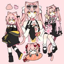Rule 34 | 1girl, animal ears, black coat, black gloves, black skirt, blush, bow, cat ears, cat tail, chibi, coat, cross-laced clothes, cross-laced sleeves, eyewear on head, fang, fingerless gloves, flower bracelet, gloves, hair bow, highres, hiiro (vtuber), indie virtual youtuber, jirai kei, long hair, long sleeves, multiple views, open mouth, pink hair, pink shirt, puffy long sleeves, puffy sleeves, salmon, shirt, single glove, skirt, smile, sunglasses, tail, twintails, two side up, very long hair, virtual youtuber, waka (wk4444), white bow, yellow eyes