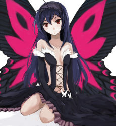 Rule 34 | 10s, 1girl, accel world, antenna hair, bare shoulders, black gloves, black hair, butterfly wings, collarbone, elbow gloves, gloves, highres, insect wings, jyairo, kuroyukihime, light smile, long hair, looking at viewer, midriff, red eyes, simple background, sitting, solo, white background, wings