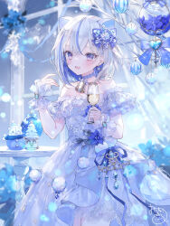 Rule 34 | 1girl, animal ears, bell, blue bow, blue dress, blue eyes, blue flower, blue hair, blurry, blurry background, bow, breasts, character request, commentary request, cup, depth of field, dress, drink, drinking glass, flower, grey hair, hair bow, highres, holding, holding cup, indoors, iriam, looking at viewer, multicolored hair, neck bell, off-shoulder dress, off shoulder, onineko, signature, small breasts, snow globe, solo, streaked hair, window, wrist cuffs