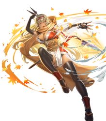 Rule 34 | 1girl, autumn leaves, black gloves, black thighhighs, blonde hair, breasts, cleavage, cleavage cutout, clothing cutout, cuboon, dark-skinned female, dark skin, elbow gloves, female focus, fingerless gloves, fire emblem, fire emblem: the binding blade, fire emblem heroes, full body, gloves, highres, holding, holding knife, holding weapon, igrene (fire emblem), japanese clothes, knife, kunai, large breasts, long hair, matching hair/eyes, mole, mole under eye, ninja, nintendo, official alternate costume, official art, open mouth, pelvic curtain, sheath, sheathed, solo, sword, thigh strap, thighhighs, thighs, throwing, transparent background, weapon, yellow eyes
