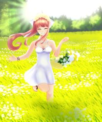 Rule 34 | 1girl, :d, absurdres, bare shoulders, basket, black ribbon, bow, bracelet, breasts, brown hair, cleavage, closed eyes, doki doki literature club, dress, eyebrows hidden by hair, feet, female focus, field, flower, flower basket, flower field, flower necklace, flower wreath, full body, grass, grin, hair bow, happy, happy tears, highres, holding, holding basket, jewelry, leg up, legs, light rays, littlewing1st, long hair, medium breasts, monika (doki doki literature club), neck ribbon, necklace, open hand, open mouth, outdoors, ribbon, running, sandals, sidelocks, sky, sleeveless, smile, solo, standing, sunlight, tears, teeth, tree, white bow, white dress, white flower, white headwear, yellow flower