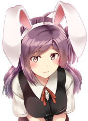 Rule 34 | 10s, 1girl, ahoge, animal ears, black vest, blouse, blush, breasts, brown eyes, buttons, closed mouth, collared shirt, eyebrows, fake animal ears, hagikaze (kancolle), hairband, highres, kamelie, kantai collection, long hair, looking at viewer, medium breasts, neck ribbon, pink lips, pocket, purple hair, rabbit ears, red ribbon, ribbon, school uniform, shirt, short sleeves, side ponytail, simple background, smile, solo, vest, white background, white shirt, wing collar