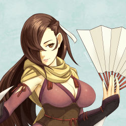 Rule 34 | 1girl, absurdres, artist name, blue background, breasts, brown eyes, brown hair, cleavage, dakkalot, fingernails, fire emblem, fire emblem fates, hair over one eye, hand fan, highres, holding, kagero (fire emblem), large breasts, lips, long hair, nintendo, paper fan, parted lips, scarf, simple background, smile, solo, upper body, yellow scarf