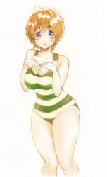 Rule 34 | 1girl, bad id, bad pixiv id, blush, breasts, brown hair, cleavage, large breasts, looking at viewer, nitroplus, one-piece swimsuit, open mouth, purple eyes, short hair, striped clothes, striped one-piece swimsuit, swimsuit, watanuki fuuri, zimbabwefumi