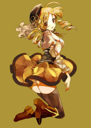 Rule 34 | 10s, 1girl, ass, beret, blonde hair, boots, breasts, corset, detached sleeves, drill hair, full body, hair ornament, hat, highres, kneeling, large breasts, looking back, magical girl, mahou shoujo madoka magica, mahou shoujo madoka magica (anime), open mouth, panties, pantyshot, pleated skirt, puffy sleeves, simple background, skirt, smile, solo, striped clothes, striped thighhighs, thighhighs, tomoe mami, underwear, upskirt, vertical-striped clothes, vertical-striped thighhighs, yellow background, yellow theme, yuzupon, yuzupon (applemilk)