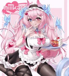 Rule 34 | 1girl, :q, apron, artist name, black dress, black headband, black thighhighs, blue eyes, blue hair, blue horns, blush, bow, bowtie, breasts, butterfly hair ornament, cake, cake slice, canaria (vtuber), cleavage, commission, demon girl, demon horns, demon tail, dress, food, fork, frilled dress, frilled headband, frills, fruit, gradient hair, gradient horns, hair between eyes, hair ornament, headband, heart, heart-shaped lock, heart-shaped pupils, heart hair ornament, heterochromia, highres, holding, holding plate, horns, indie virtual youtuber, large breasts, miiikaccino, mole, mole on breast, multicolored hair, multicolored horns, pink bow, pink bowtie, pink eyes, pink hair, pink horns, pink nails, plate, sitting, sleeveless, sleeveless dress, solo, strawberry, symbol-shaped pupils, tail, thighhighs, tongue, tongue out, vgen commission, virtual youtuber, wariza, white apron, white wrist cuffs, wrist cuffs
