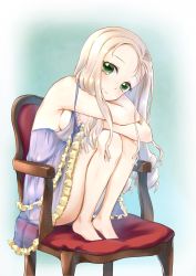 Rule 34 | 10s, 1girl, barefoot, blonde hair, blue dress, breasts, closed mouth, commentary, dress, drill hair, elbows on knees, frilled dress, frills, girls und panzer, green eyes, head tilt, highres, hugging own legs, layered dress, leaning to the side, legs, long hair, looking at viewer, marie (girls und panzer), medium breasts, see-through, sideboob, sitting, smile, solo, spaghetti strap, strap slip, toon (noin), underwear, underwear only, wooden chair