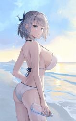 Rule 34 | 1girl, ass, bare arms, bare back, bare shoulders, beach, bikini, blue ribbon, bottle, braid, breasts, cowboy shot, from side, green eyes, grey hair, hair ribbon, highres, holding, holding bottle, hololive, horizon, large breasts, looking at viewer, median furrow, ocean, outdoors, parted lips, pi tayuko, ribbon, sand, shirogane noel, short hair, sidelocks, sky, solo, standing, strap gap, string bikini, sunset, swimsuit, thighs, virtual youtuber, water, water bottle, wet, white bikini