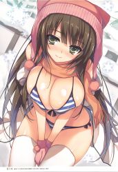 Rule 34 | 1girl, absurdres, beanie, bikini, blush, breasts, brown eyes, brown hair, closed mouth, gloves, hat, highres, large breasts, long hair, looking at viewer, original, page number, pom pom (clothes), scan, scarf, shiny skin, smile, snow, snowflakes, solo, striped bikini, striped clothes, swimsuit, thighhighs, tomose shunsaku, white thighhighs, winter clothes
