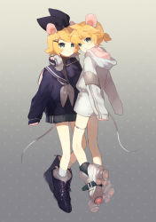 Rule 34 | 1boy, 1girl, absurdres, animal ears, arm at side, armband, belt, black legwear, black ribbon, blonde hair, brother and sister, brown background, chinese zodiac, closed mouth, commentary, cross-laced footwear, earmuffs, earmuffs around neck, floating, full body, fur-trimmed footwear, fur-trimmed legwear, fur trim, glowing, gradient background, green eyes, grey background, hair between eyes, hair ornament, hair ribbon, hairclip, headphones, highres, hood, hood down, kagamine len, kagamine rin, kemonomimi mode, long sleeves, looking at viewer, miniskirt, mouse ears, mouse tail, neckerchief, overalls, pleated skirt, pocket, polka dot, polka dot background, ponytail, purple footwear, ribbon, sailor collar, shoe soles, shoes, short hair, siblings, skirt, sleeves past fingers, sleeves past wrists, smile, socks, tail, thighlet, turtleneck, twins, vocaloid, white footwear, white legwear, yamada ichi, year of the rat
