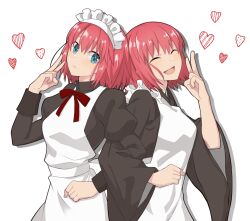 Rule 34 | 2girls, apron, black dress, black kimono, blue eyes, blush, closed eyes, closed mouth, commentary request, dress, hair between eyes, heart, hirakawa, hisui (tsukihime), japanese clothes, juliet sleeves, kimono, kohaku (tsukihime), locked arms, long sleeves, looking at viewer, maid, maid apron, maid headdress, mixed maids, multiple girls, neck ribbon, open mouth, puffy sleeves, red hair, red ribbon, ribbon, short hair, siblings, simple background, sisters, smile, tsukihime, twins, v, wa maid, white apron, white background, wide sleeves