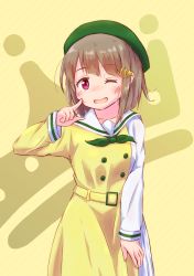 Rule 34 | 1girl, ;), artist name, artist request, asymmetrical sleeves, belt, beret, blush, breasts, brown hair, buttons, collarbone, dress, dress shirt, female focus, finger to cheek, green hat, green neckerchief, grey hair, hat, highres, layered skirt, light brown hair, long sleeves, looking at viewer, love live!, love live! nijigasaki high school idol club, love live! school idol festival, miniskirt, mirai harmony, mismatched sleeves, nakasu kasumi, neckerchief, one eye closed, parted lips, pink eyes, plaid, plaid skirt, pleated, pleated skirt, purple eyes, sailor collar, sailor dress, shirt, short hair, skirt, small breasts, smile, solo, striped clothes, striped skirt, two-tone dress, two-tone skirt, white sailor collar, white shirt, white skirt, wink, yellow background, yellow belt, yellow shirt, yellow skirt