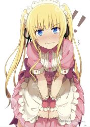 Rule 34 | !, 1girl, absurdres, alternate costume, apron, blonde hair, blue eyes, blush, dress, enmaided, highres, long hair, looking at viewer, maid, maid headdress, ogipote, pink dress, saenai heroine no sodatekata, sawamura spencer eriri, scan, solo, tears, twintails, v arms, very long hair, waist apron, wavy mouth, wrist cuffs