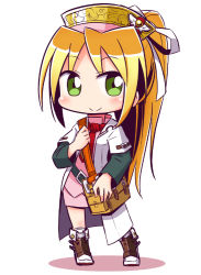 Rule 34 | 1girl, bag, belt, belt buckle, black belt, blonde hair, blush, brown footwear, buckle, character request, closed mouth, coat, colored shadow, commentary request, etrian odyssey, full body, green eyes, hair ribbon, high ponytail, layered sleeves, long hair, long sleeves, naga u, open clothes, open coat, pink shirt, pink skirt, ponytail, red neckwear, ribbon, shadow, shirt, short over long sleeves, short sleeves, shoulder bag, skirt, smile, solo, standing, very long hair, white background, white coat, white ribbon