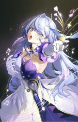 Rule 34 | 1girl, absurdres, angel wings, aqua eyes, armpit crease, bare shoulders, bird, blue hair, breasts, cleavage, collar, commentary request, cowboy shot, dress, earrings, eyes visible through hair, gloves, glowing, hair intakes, hair over one eye, halo, head wings, highres, honkai: star rail, honkai (series), jewel under eye, jewelry, large breasts, long hair, looking at viewer, music, musical note, musical note ornament, open mouth, purple collar, robin (honkai: star rail), sidelocks, singing, solo, sparkle, tutou jiang, white bird, white dress, white gloves, wings