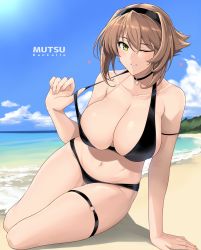Rule 34 | 1girl, arm support, beach, bikini, bikini pull, black bikini, black choker, black headband, blue sky, breasts, brown hair, character name, choker, cleavage, clothes pull, collarbone, copyright name, day, fingerless gloves, flipped hair, gloves, green eyes, hair between eyes, halcon, headband, highres, jewelry, kantai collection, large breasts, looking at viewer, mutsu (kancolle), navel, necklace, ocean, one eye closed, outdoors, shore, short hair, sidelocks, sky, smile, solo, swimsuit, thigh strap