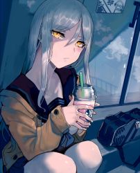 Rule 34 | 1girl, bag, bench, commentary request, cup, drinking straw, hair between eyes, headphones, highres, holding, holding cup, kantai collection, long hair, looking at viewer, parted lips, pleated skirt, sailor collar, school bag, school uniform, sidelocks, sitting, skirt, starbucks, starbucks siren, supply depot princess, sweater, ta-class battleship, walzrj, white hair, window, yellow eyes