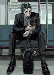 Rule 34 | 1boy, black eyes, black footwear, black hair, black jacket, black pants, briefcase, closed mouth, collared shirt, commentary request, creatures (company), frown, game freak, gen 4 pokemon, grey hair, highres, holding, holding phone, jacket, korean commentary, larry (pokemon), looking down, male focus, multicolored hair, necktie, nintendo, pants, phone, pokemon, pokemon sv, ribbed socks, rotom, rotom phone, shirt, shoes, short hair, sitting, ssibalmas, starly, train interior, two-tone hair