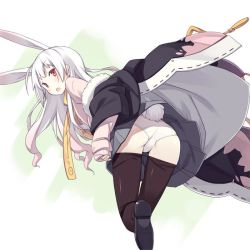 Rule 34 | 1girl, animal ears, ass, bent over, black thighhighs, fang, from behind, leg up, long hair, looking back, multicolored hair, open mouth, orange eyes, panties, pantyshot, pleated skirt, poco (asahi age), rabbit ears, rabbit tail, scarf, skirt, sleeves past wrists, solo, tail, thighhighs, two-tone hair, underwear, upskirt, white hair, white panties