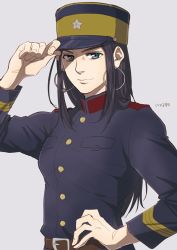 Rule 34 | 10s, 1girl, asirpa, belt, black hair, blue eyes, closed mouth, earrings, golden kamuy, grey background, hand on own hip, hat, hat tip, hoop earrings, jewelry, long hair, looking at viewer, military, military hat, military uniform, aged up, simple background, smile, uniform