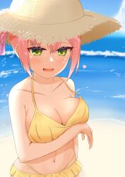 Rule 34 | 1girl, absurdres, arm under breasts, armpit crease, bare arms, bare shoulders, beach, bikini, blurry, blurry background, blush, breast hold, breasts, cleavage, collarbone, day, double-parted bangs, eyelashes, eyes visible through hair, fang, fashionmagjin, green eyes, hair between eyes, hat, heart, highres, large breasts, looking at viewer, navel, ocean, open mouth, outdoors, pink hair, seductive smile, shaded face, short hair, short ponytail, sidelocks, smile, smug, solo, stomach, straw hat, swimsuit, tanikaze amane, tenshi souzou re-boot!, upper body, yellow bikini