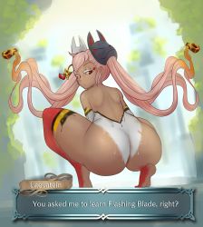 Rule 34 | 1girl, absurdres, ass, bodypaint, completely nude, dark-skinned female, dark skin, dddoodles, dialogue box, english text, female focus, fire emblem, fire emblem heroes, gradient hair, highres, huge ass, laevateinn (fire emblem), long hair, looking at viewer, looking back, mask, multicolored hair, ninja, nintendo, nude, orange hair, painted clothes, pink hair, solo, squatting, twintails