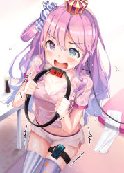 Rule 34 | 1girl, aqua eyes, blue hair, breasts, candy hair ornament, cleavage, collarbone, commentary request, crescent print, crown, food-themed hair ornament, gradient hair, hair ornament, heterochromia, highres, himemori luna, holding, hololive, indoors, long hair, medium breasts, mogmog, motion lines, multicolored hair, navel, pink shirt, print thighhighs, purple eyes, purple hair, ring-con, ring fit adventure, shirt, short shorts, short sleeves, shorts, solo, striped clothes, striped thighhighs, sweat, table, thigh strap, thighhighs, towel, trembling, v-shaped eyebrows, vertical-striped clothes, vertical-striped thighhighs, very long hair, virtual youtuber, white shorts