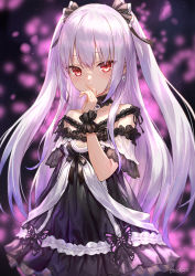 Rule 34 | 1girl, artist name, black dress, blush, breasts, collar, commentary, covering own mouth, cowboy shot, detached collar, dress, earrings, eyelashes, frilled collar, frilled dress, frills, guchico, hair ribbon, hand to own mouth, highres, hololive, jewelry, long hair, looking at viewer, off-shoulder dress, off shoulder, pink hair, purple background, red eyes, ribbon, signature, simple background, skull earrings, small breasts, solo, two side up, uruha rushia, uruha rushia (3rd costume), virtual youtuber
