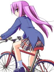 Rule 34 | 1girl, bicycle, blazer, blush, hoshi umi, jacket, niwatazumi keiko, plaid, plaid skirt, pleated skirt, purple eyes, purple hair, school uniform, serafuku, simple background, skirt, solo, torikoro, twintails