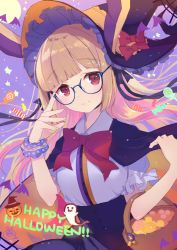 Rule 34 | 1girl, bad id, bad pixiv id, black hat, blonde hair, bow, english text, glasses, happy halloween, hat, long hair, looking at viewer, original, red bow, red eyes, solo, text focus, usamito, witch hat