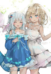 Rule 34 | 2girls, :d, ^ ^, bare arms, bare shoulders, blue bow, blue dress, blue eyes, blue hair, blue sleeves, bouquet, bow, breasts, closed eyes, commentary, dated, dema hmw, detached sleeves, dress, fins, fish tail, flower, gawr gura, glowing, hair ornament, highres, holding, holding bouquet, holding flower, hololive, hololive english, light brown hair, long sleeves, medium breasts, multicolored hair, multiple girls, open mouth, puffy long sleeves, puffy sleeves, rose, shark tail, sharp teeth, signature, single strap, sleeveless, sleeveless dress, sleeves past wrists, smile, standing, streaked hair, tail, teeth, two side up, virtual youtuber, watson amelia, white dress, white flower, white hair, white rose