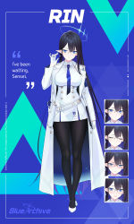Rule 34 | 1girl, absurdres, black hair, blue archive, blue eyeliner, blue eyes, breasts, character name, character sheet, coat, eyeliner, full body, glasses, gloves, gun, halo, handgun, highres, holstered, large breasts, long hair, long jacket, necktie, official art, pantyhose, pistol, pointy ears, rin (blue archive), shoes, solo, tablet pc, uniform, very long hair, weapon, white coat, white gloves