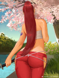 Rule 34 | 1girl, arm tattoo, ass, back, bush, cherry blossoms, chest sarashi, erza scarlet, facing away, fairy tail, grass, hair ribbon, hip focus, holding, holding sword, holding weapon, katana, long hair, nextoad, pants, patreon username, ponytail, red hair, red pants, ribbon, river, sarashi, solo, sword, tattoo, tree, watermark, weapon, web address, white ribbon