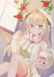 Rule 34 | 1girl, absurdres, ahoge, aran sweater, beige sweater, blonde hair, blush, cable knit, cardigan, closed mouth, commentary, cotton swab, cup, flower, glasses, highres, holding, holding cup, hololive, horns, long hair, looking at viewer, open cardigan, open clothes, pink-framed eyewear, sailor collar, seka (sekakoala), semi-rimless eyewear, sheep horns, sheep print, smile, solo, steam, sweater, tsunomaki watame, tsunomaki watame (street casual), under-rim eyewear, veil, virtual youtuber, window