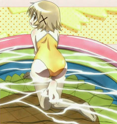 Rule 34 | 00s, 1girl, ass, barefoot, casual one-piece swimsuit, feet, hidamari sketch, one-piece swimsuit, screencap, soles, solo, stitched, swimsuit, third-party edit, toes, wading pool, yellow one-piece swimsuit, yuno (hidamari sketch)