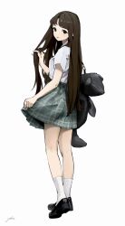 Rule 34 | 1girl, animal bag, bag, black footwear, brown hair, commentary, english commentary, full body, green skirt, hand in own hair, hand up, highres, kimura 731, loafers, long hair, looking at viewer, looking back, miniskirt, original, plaid, plaid skirt, school uniform, shirt, shoes, short sleeves, signature, simple background, skirt, skirt hold, socks, solo, standing, straight hair, very long hair, white background, white shirt, white socks