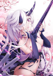 Rule 34 | 1girl, abyssal ship, artist name, ass, bare shoulders, between breasts, black panties, breasts, bridal gauntlets, cherry blossoms, closed mouth, cowboy shot, enemy yamato (warship girls r), from side, hair over one eye, horns, long hair, looking at viewer, looking to the side, medium breasts, mtyy, nail polish, off shoulder, oni horns, panties, petals, pink eyes, pink lips, red nails, silver hair, smile, solo, tattoo, torn clothes, torn panties, tree, turret, underwear, warship girls r
