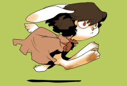Rule 34 | 1girl, :&lt;, animal ears, brown hair, from side, furrification, furry, furry female, green background, inaba tewi, inaba tewi (bunny), onikobe rin, rabbit, rabbit ears, rabbit tail, red eyes, running, simple background, solo, tail, touhou
