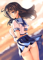 Rule 34 | 10s, 1girl, ass, black hair, blurry, brown eyes, clothes lift, coffee cat, crop top, crop top overhang, depth of field, dutch angle, female focus, from behind, kantai collection, long hair, looking at viewer, looking back, midriff, panties, pleated skirt, school uniform, serafuku, skirt, skirt lift, solo, sunset, thighs, underwear, upskirt, ushio (kancolle), white panties, wind, wind lift