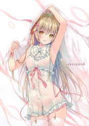 Rule 34 | 1girl, absurdres, arm up, armpits, bare arms, bare shoulders, blanket, blonde hair, bracelet, breasts, buttons, dress, flower, frilled dress, frills, garter straps, hair flaps, hair flower, hair ornament, head tilt, highres, jewelry, long hair, looking at viewer, miwabe sakura, open mouth, original, panties, pink flower, pink panties, pink ribbon, ribbon, scan, see-through, sidelocks, simple background, sleeveless, sleeveless dress, smile, solo, standing, thighhighs, underwear, white background, white thighhighs, wrist ribbon, yellow eyes
