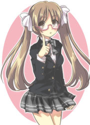 Rule 34 | 1girl, :o, ateru, bad id, bad pixiv id, glasses, long hair, open mouth, ribbon, school uniform, skirt, solo, source request, twintails