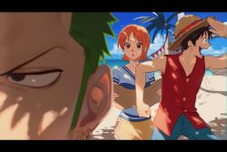 Rule 34 | 1girl, 2boys, bare shoulders, beach, bird, black hair, blue shorts, earrings, green eyes, hat, highres, holding, holding map, jewelry, map, monkey d. luffy, multiple boys, nami (one piece), ocean, one piece, open mouth, orange eyes, orange hair, outdoors, palm tree, qin (7833198), red shirt, roronoa zoro, sand, shirt, short hair, shorts, skirt, straw hat, t-shirt, tree