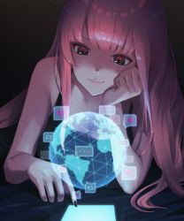 Rule 34 | 1girl, bare arms, black nails, cellphone, dark, dark room, eyebrows hidden by hair, globe, head rest, heart, highres, hiko (hiko224556), hololive, hololive english, long hair, looking down, lying, mori calliope, nail polish, on stomach, phone, pink hair, red eyes, science fiction, sleeveless, smartphone, smile, solo, virtual youtuber